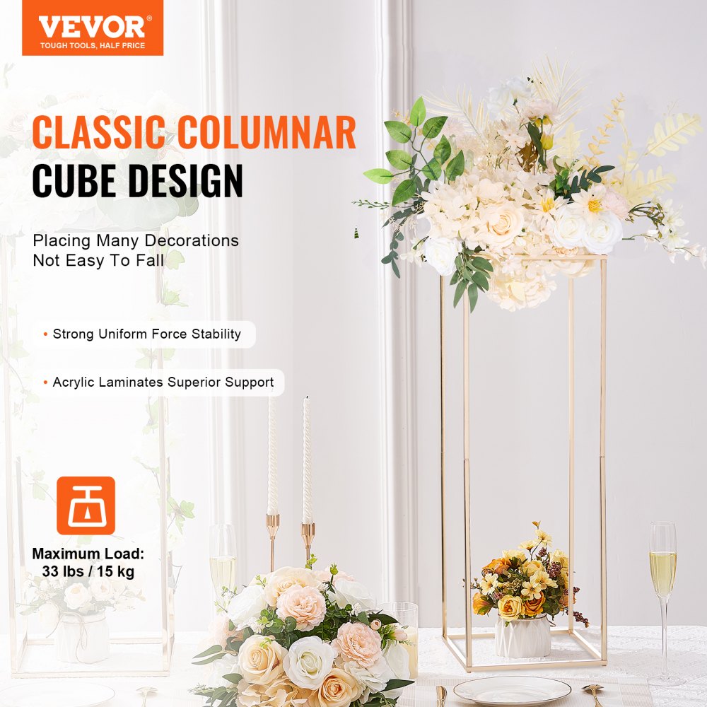 2PCS 31.5inch High Wedding Flower Stand, Metal Vase Column Geometric Centerpiece Stands, Gold Rectangular Floral Display Rack for T-Stage Events Reception, Party Decoration Home