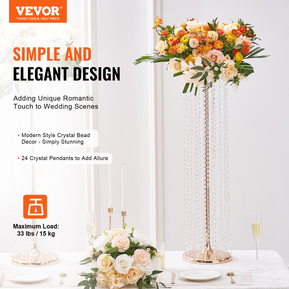 2PCS 35.43inch /90cm Tall Crystal Wedding Flowers Stand, Luxurious Centerpieces Flower Vases Crystal Gold Vase Metal, Perfect for T-stage Wedding Party Ceremony Dinner Event Hotel Home Decor