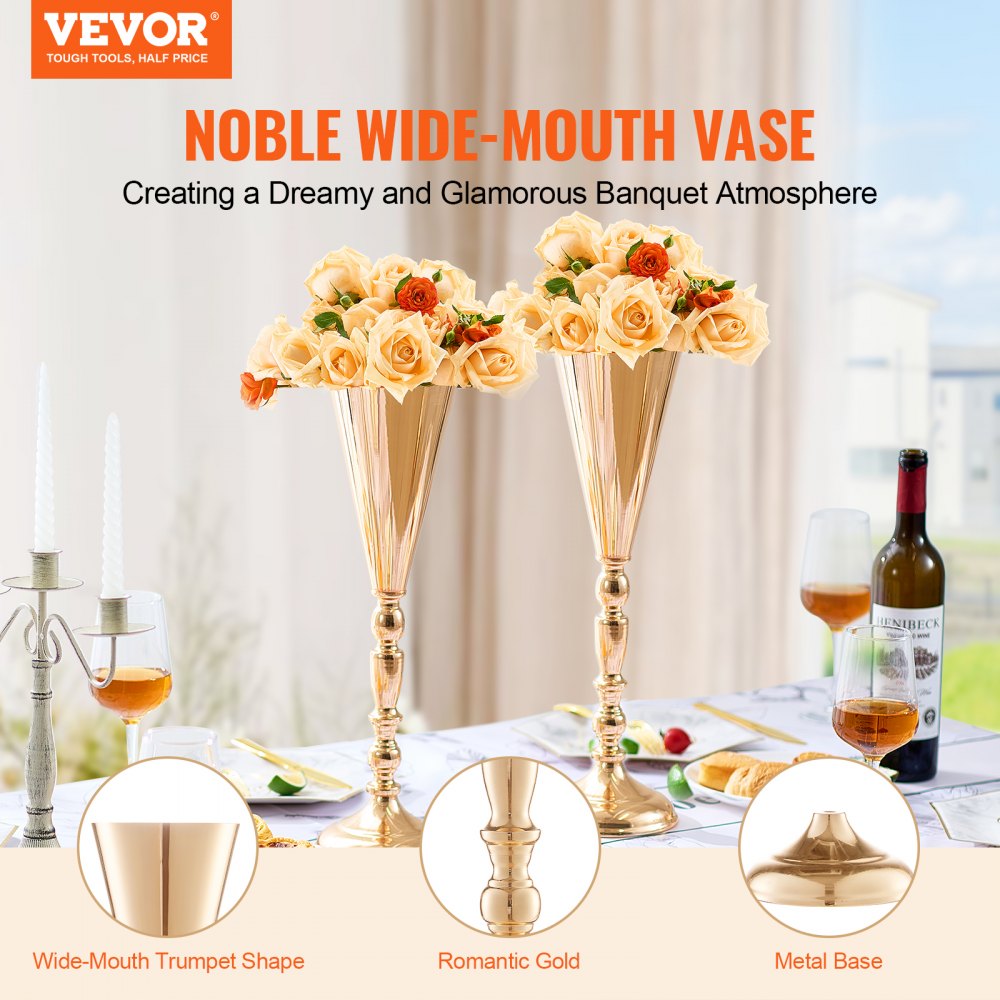 10PCS 43cm/16.9” Tall Wedding Flower Vase Metal Gold Trumpet for Tables