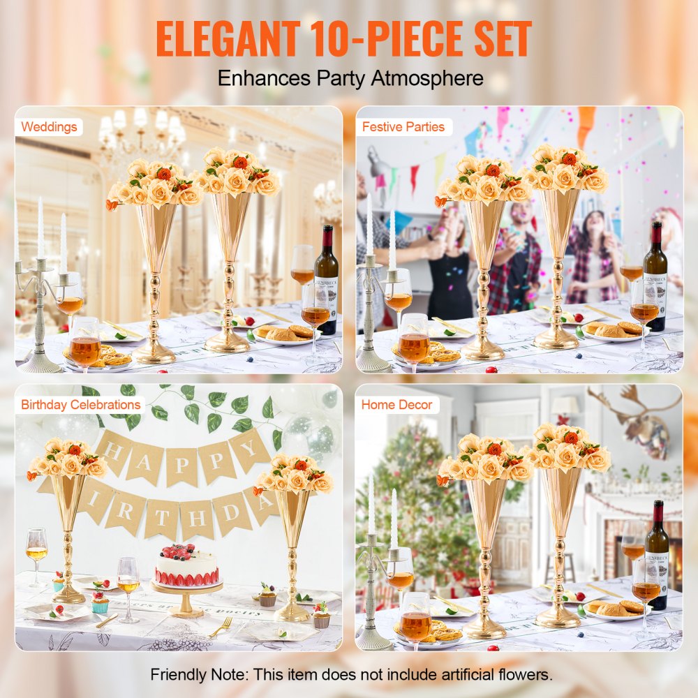 10PCS 43cm/16.9” Tall Wedding Flower Vase Metal Gold Trumpet for Tables