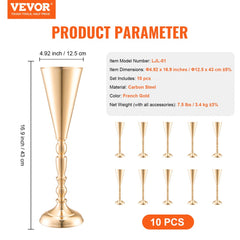 10PCS 43cm/16.9” Tall Wedding Flower Vase Metal Gold Trumpet for Tables