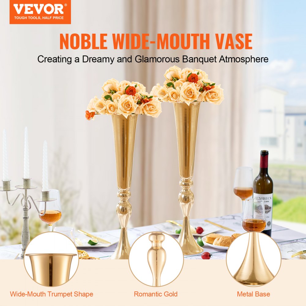 2PCS 56cm/22.05” Tall Wedding Flower Vase Metal Gold Trumpet for Tables
