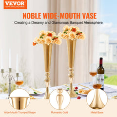 2PCS 56cm/22.05” Tall Wedding Flower Vase Metal Gold Trumpet for Tables
