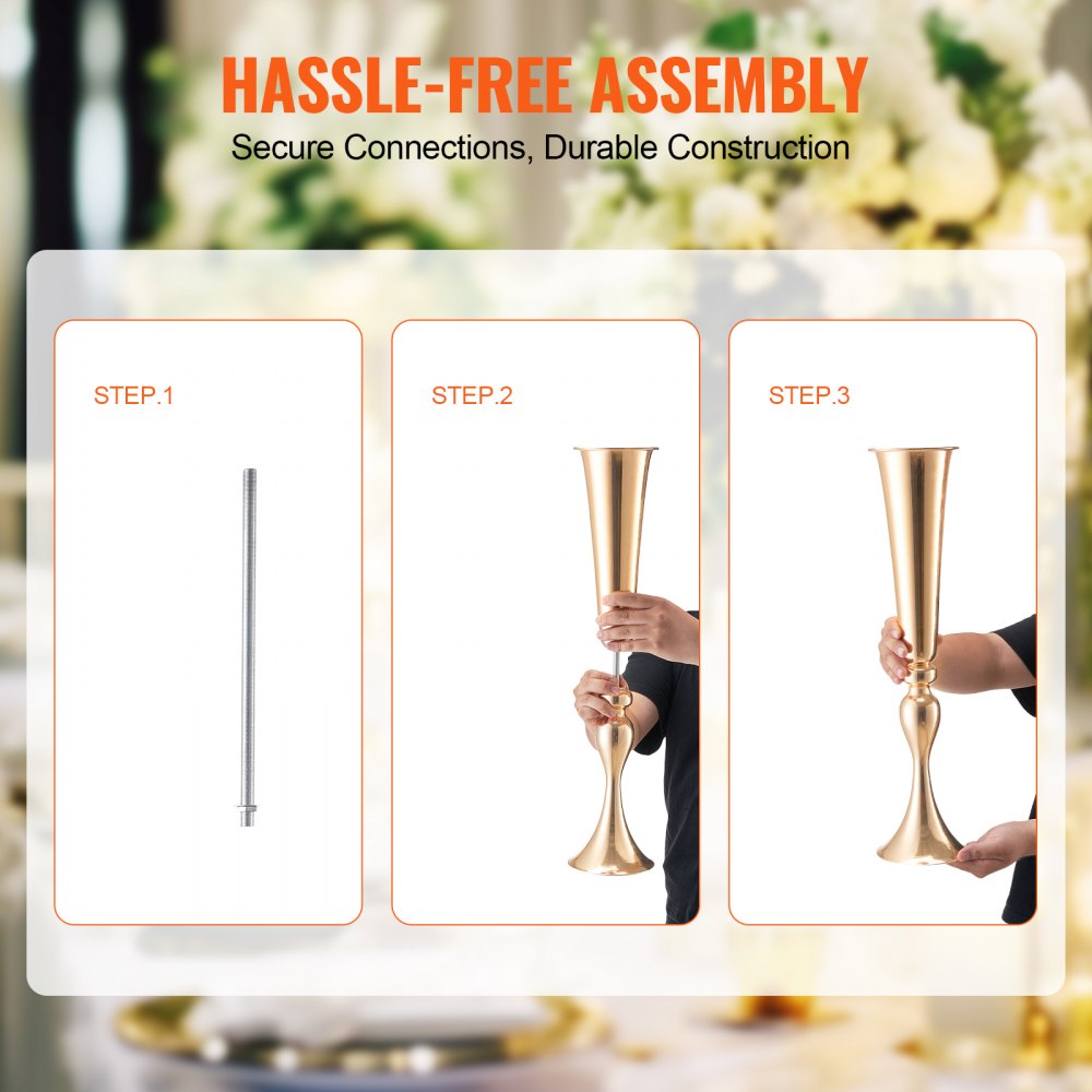 2PCS 56cm/22.05” Tall Wedding Flower Vase Metal Gold Trumpet for Tables