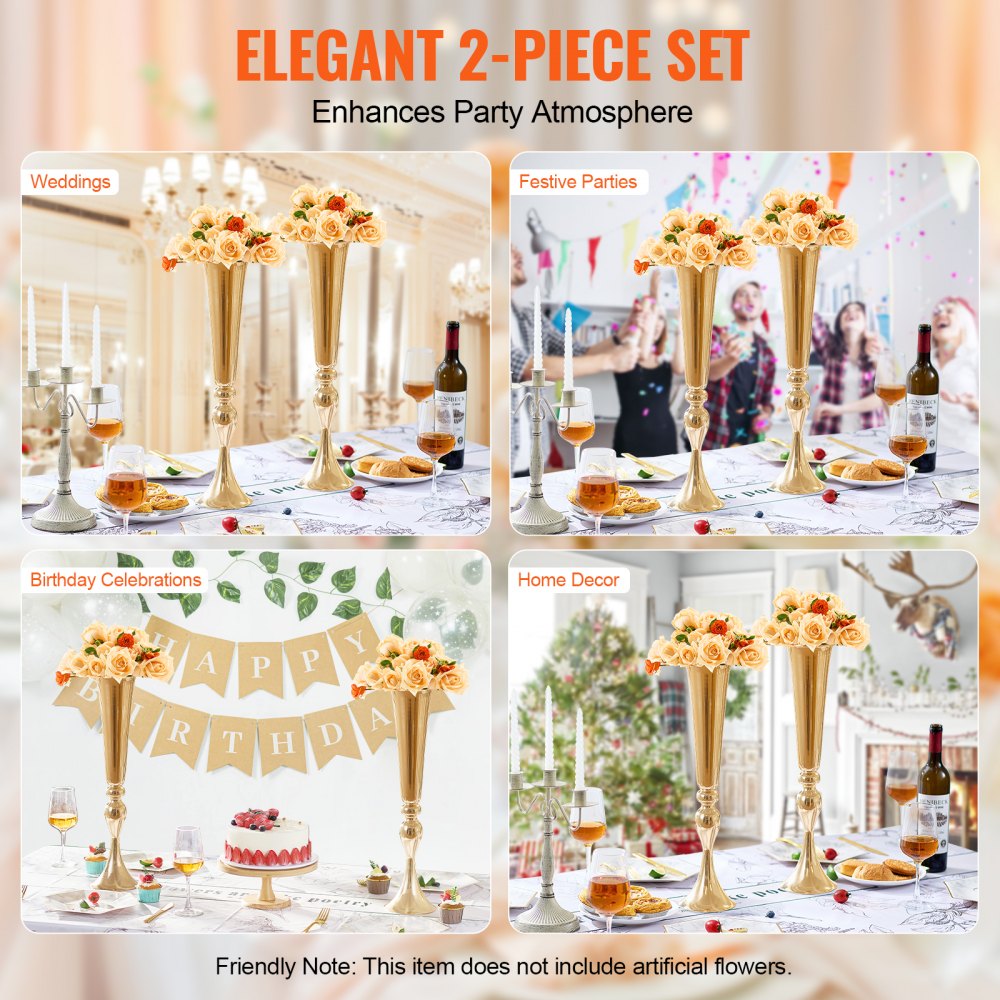 2PCS 56cm/22.05” Tall Wedding Flower Vase Metal Gold Trumpet for Tables