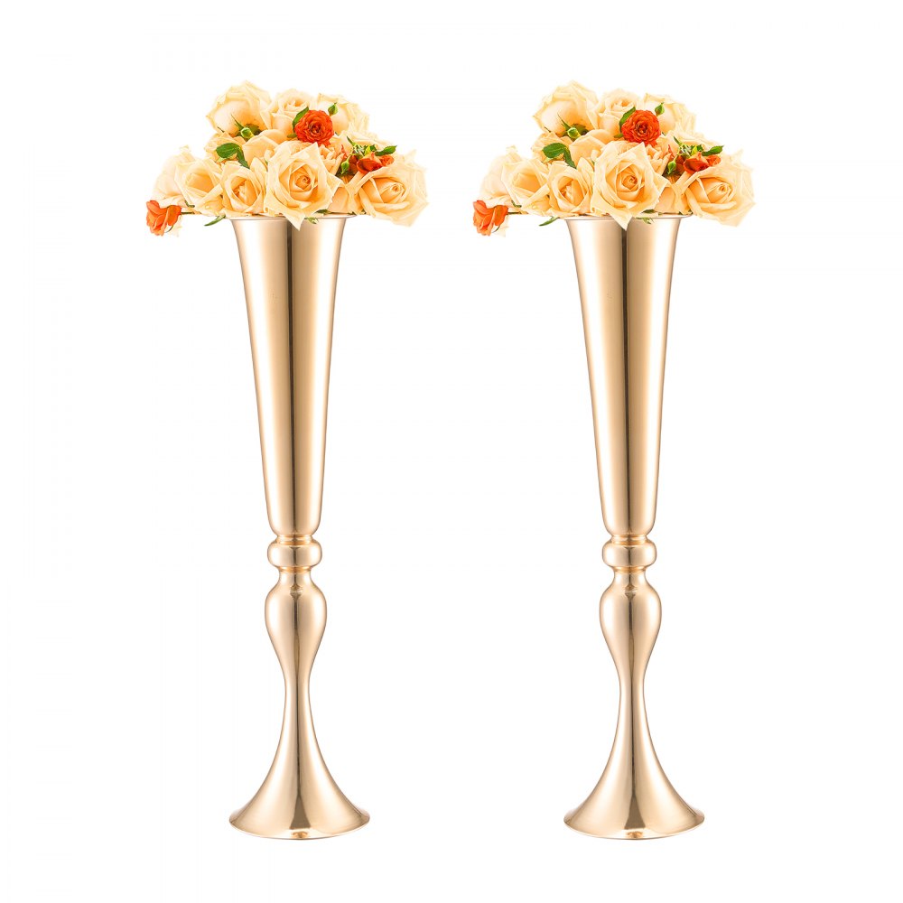 2PCS 56cm/22.05” Tall Wedding Flower Vase Metal Gold Trumpet for Tables