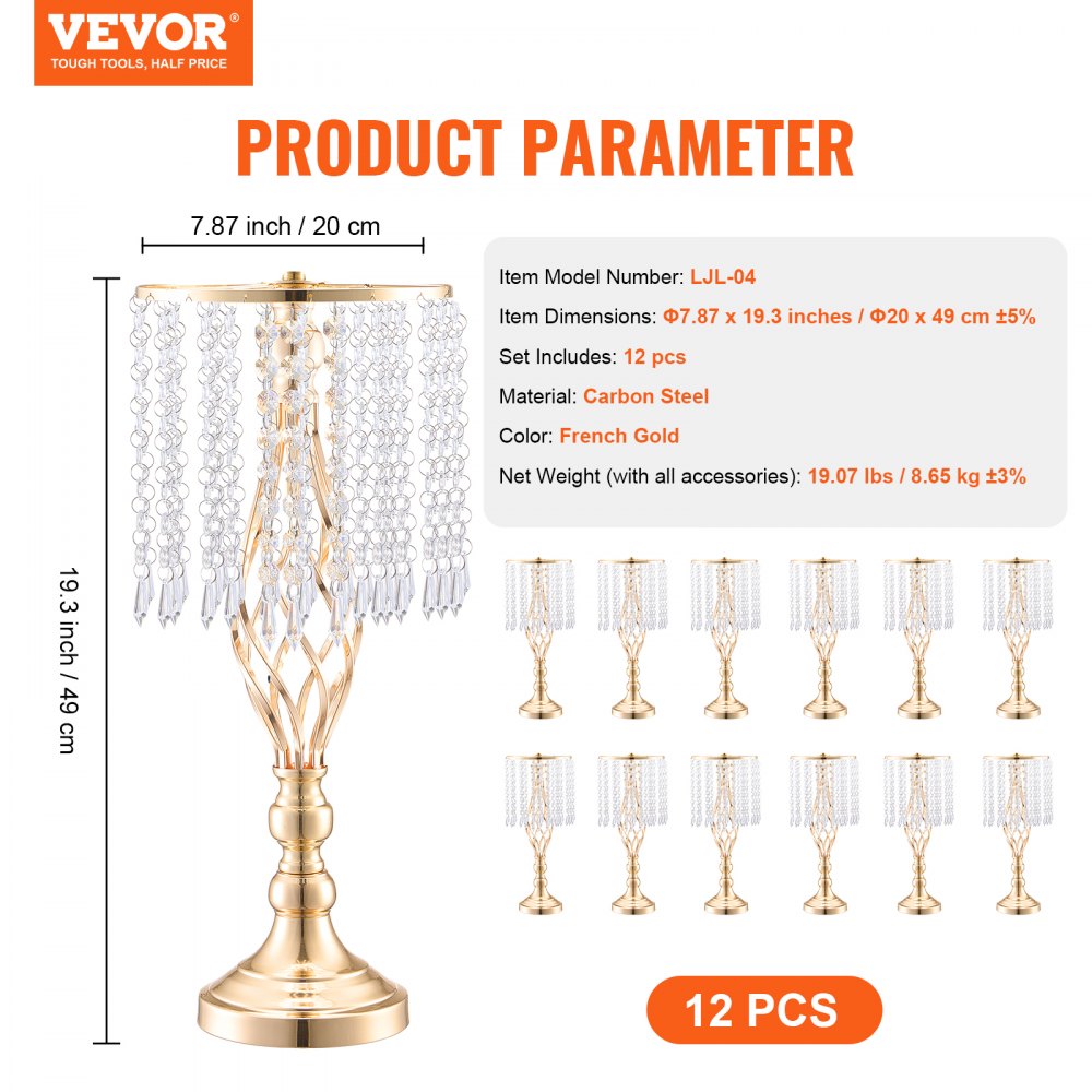 12PCS 49cm/19.3” Tall Crystal Wedding Flower Stand Vase for Party Decor