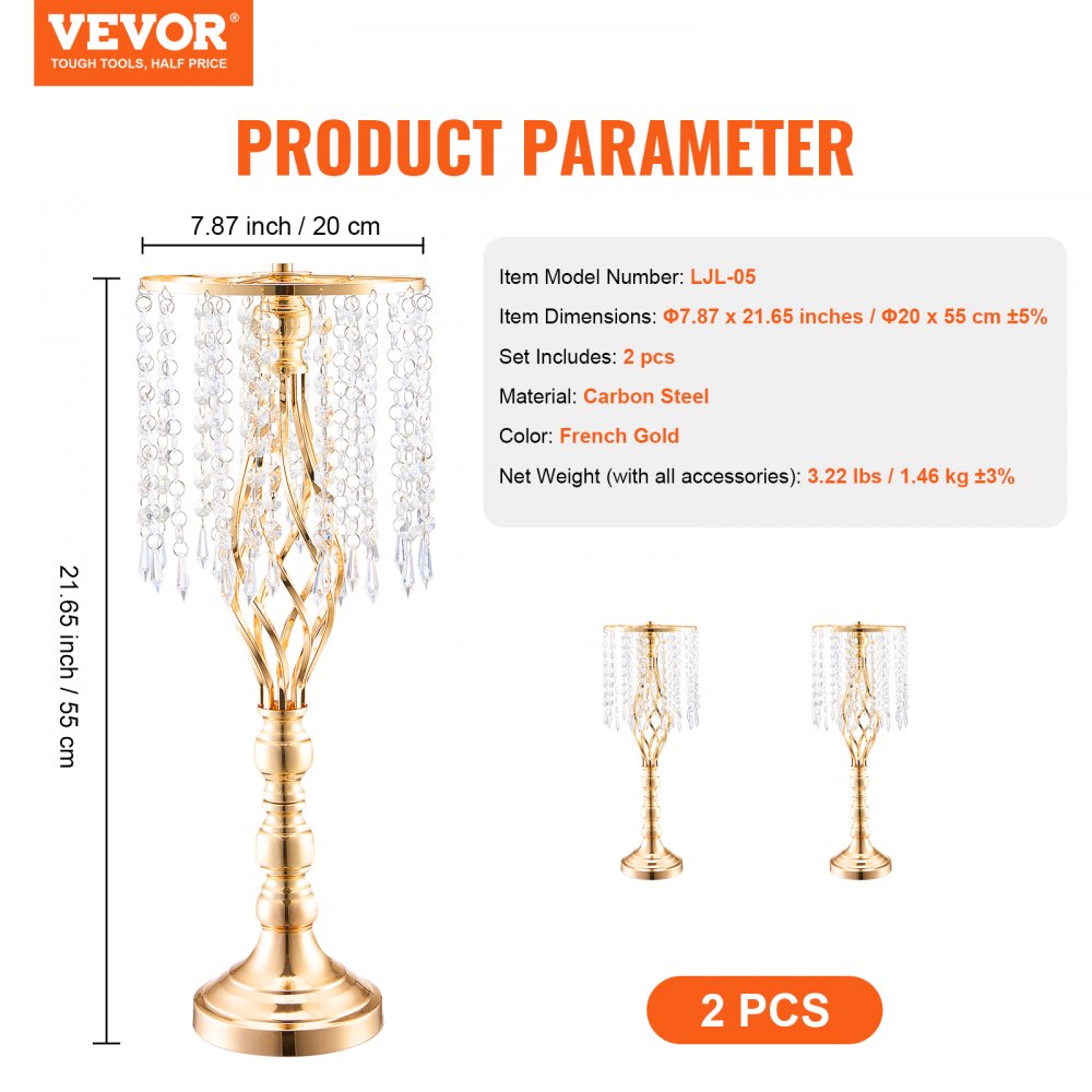 2PCS 55cm/21.65” Tall Crystal Wedding Flower Stand Vase for Party Decor