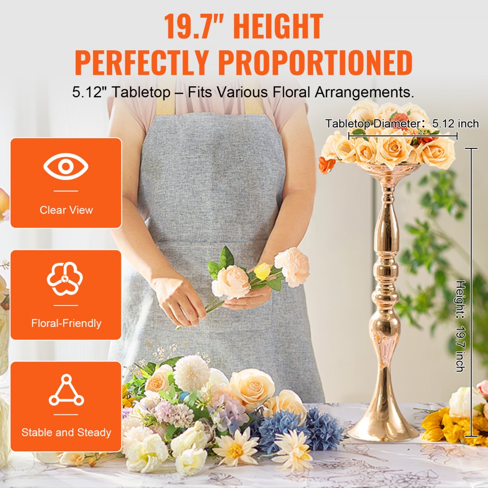 24PCS 50cm/19.7” Wedding Flower Vase Metal Gold Floral Stand for Table