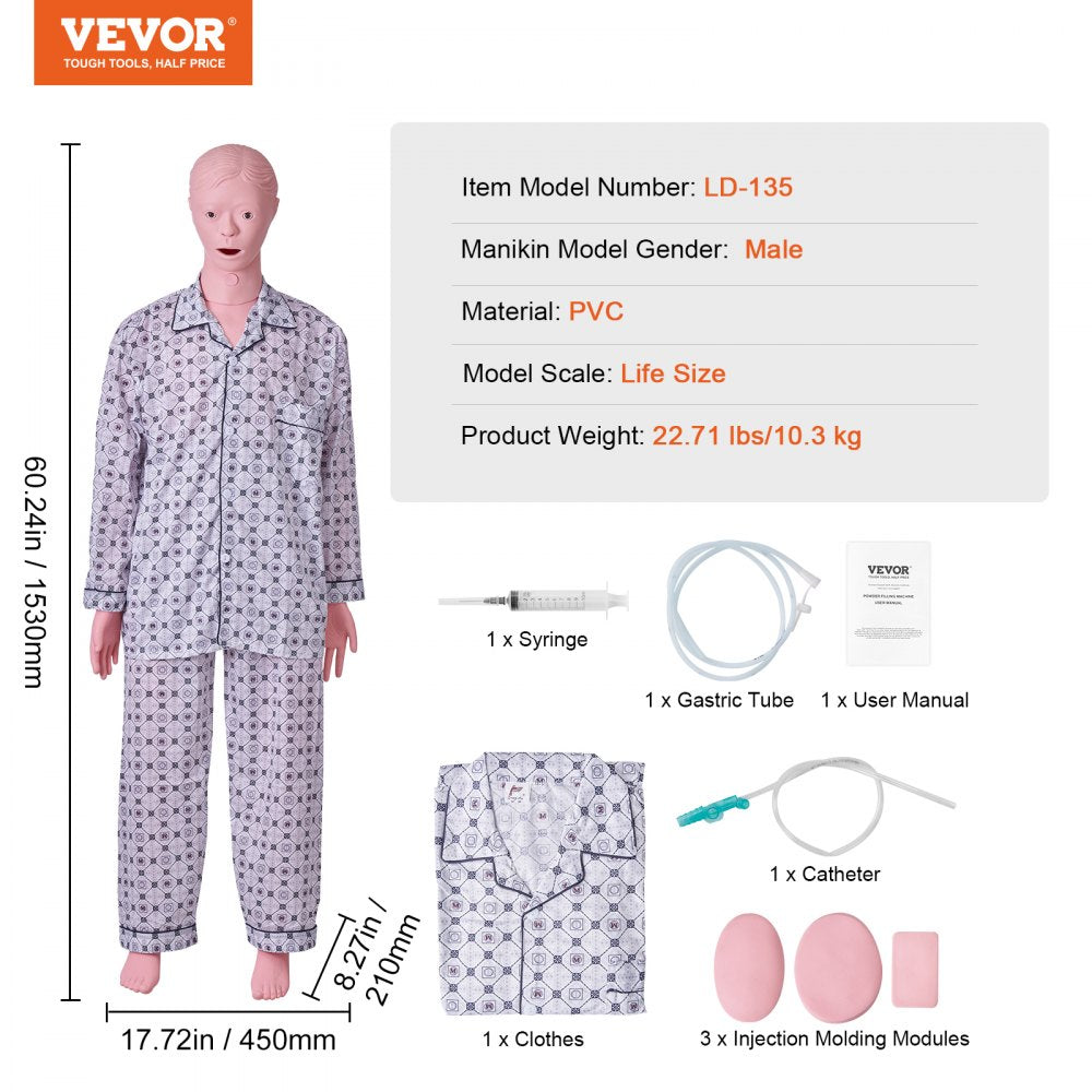 Nursing Training Manikin, Male Life Size Demonstration Human Manikin for Nursing Training, Multifunctional Education Teaching Model Supplies, PVC Anatomical Mannequin Body Care Simulator Model