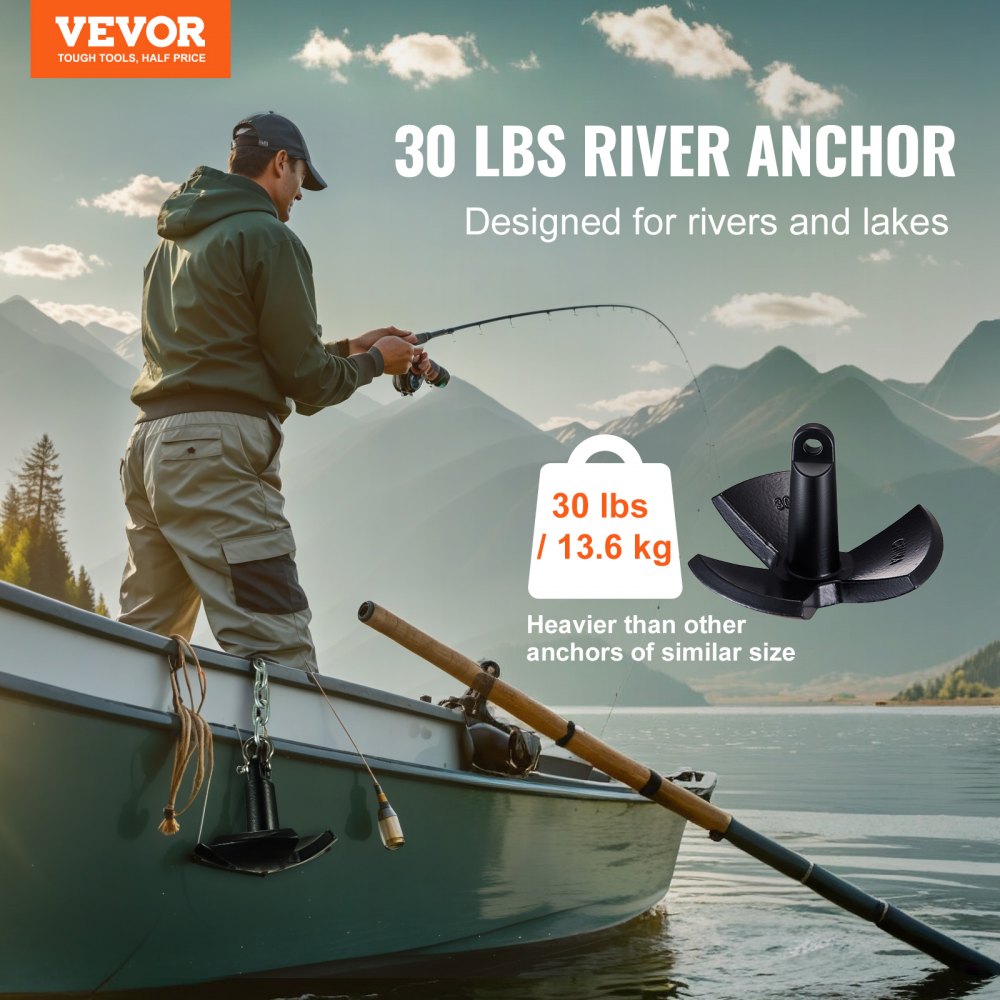 River Anchor, 30 LBS Boat Anchor Cast Iron Black Vinyl-Coated, Marine Grade Mushroom Anchor for Boats Up To 30 ft, Impressive Holding Power in River and Mud Bottom Lakes