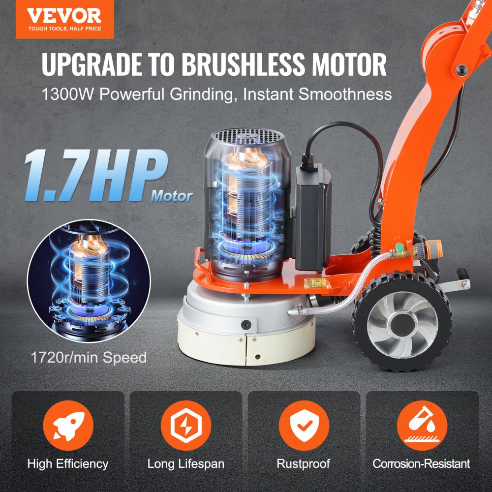 An orange and gray walk-behind concrete floor grinder with a 1.7HP brushless motor.