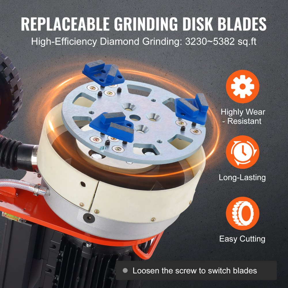 10-inch electric concrete floor grinder with height-adjustable handle and replaceable diamond blades.