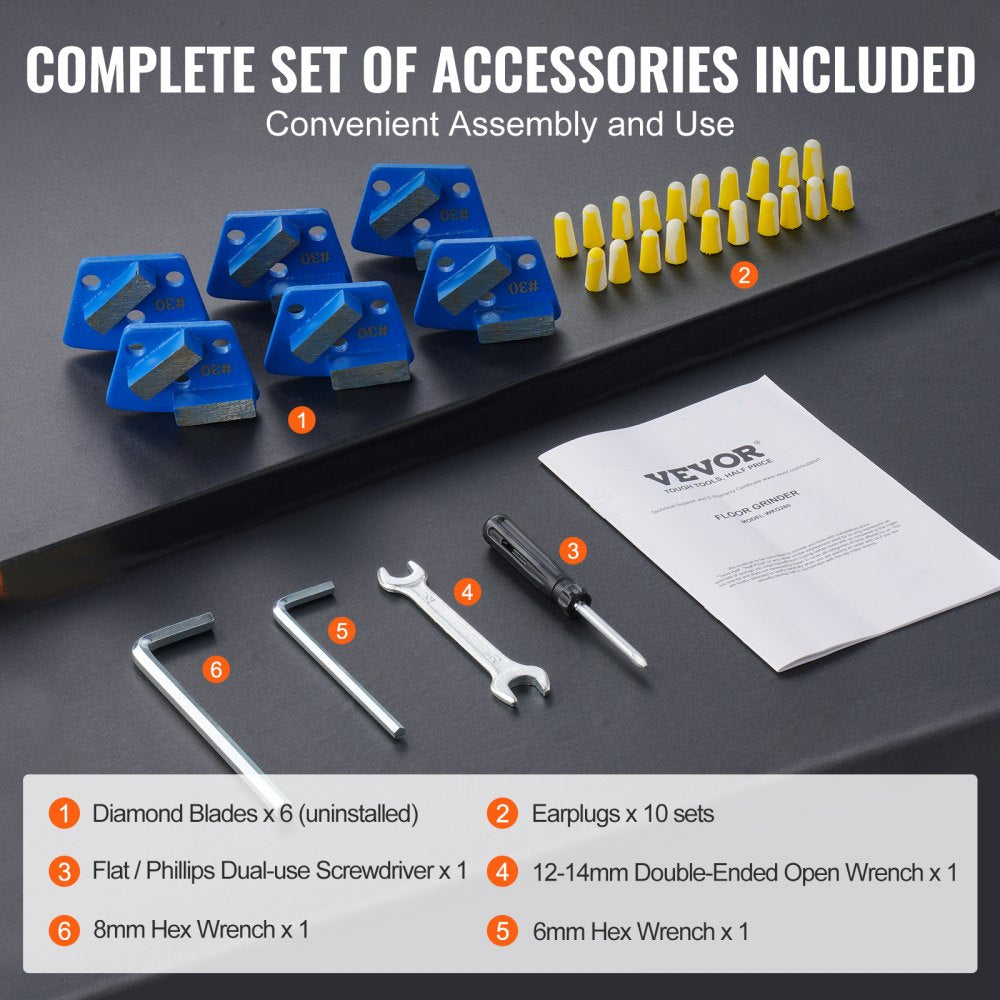 10-inch electric concrete floor grinder with adjustable handle and replaceable diamond blades.