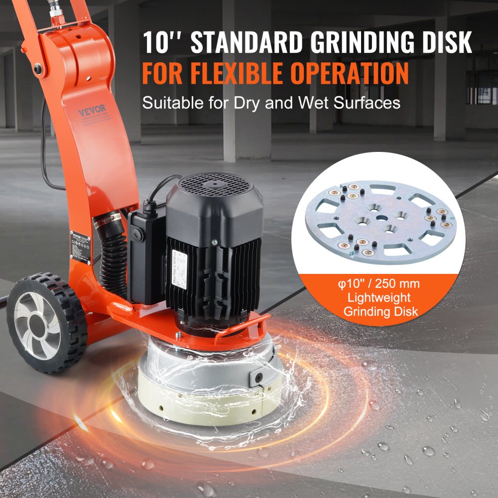 10-inch electric concrete floor grinder with height-adjustable handle and replaceable diamond blades.