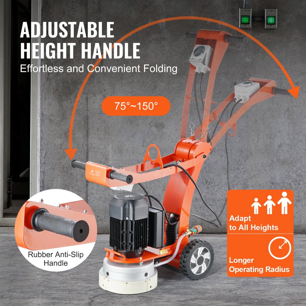 An orange electric concrete floor grinder with an adjustable handle and rubber anti-slip grips.