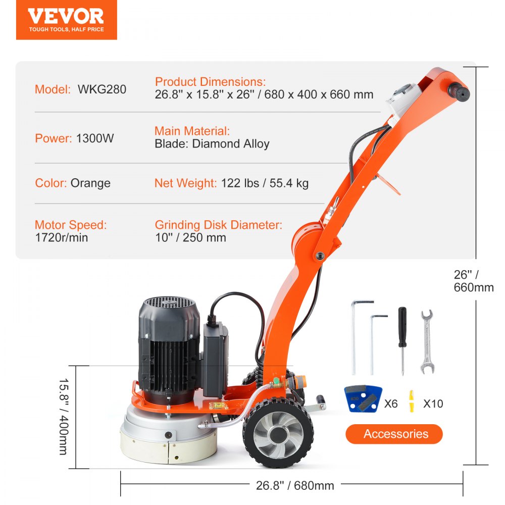 10-inch electric concrete floor grinder with height-adjustable handle and diamond blades.