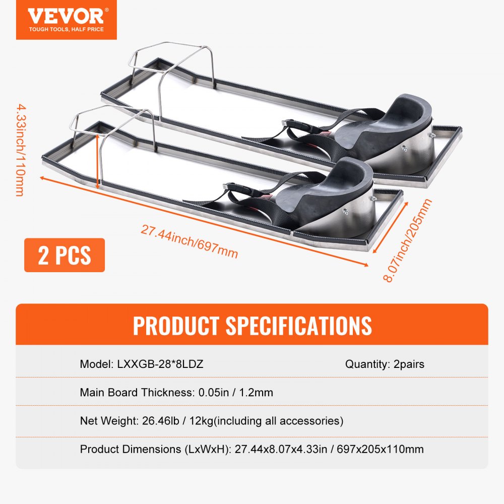 Two pairs of 28"x8" stainless steel concrete knee board sliders with EVA pads and dimensions.