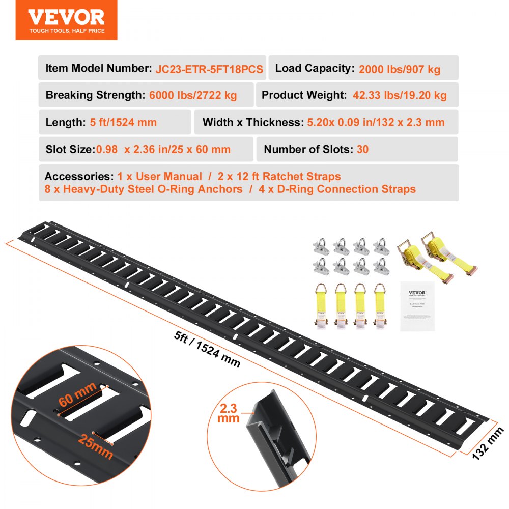 E Track Tie-Down Rail Kit, 18PCS 5` E-Tracks Set Includes 4 Steel Rails & 8 O-Ring Anchors & 4 Tie-Offs with D-Ring & 2 Ratchet Straps, Securing Accessories for Cargo Motorcycles Bikes, 2000 lbs