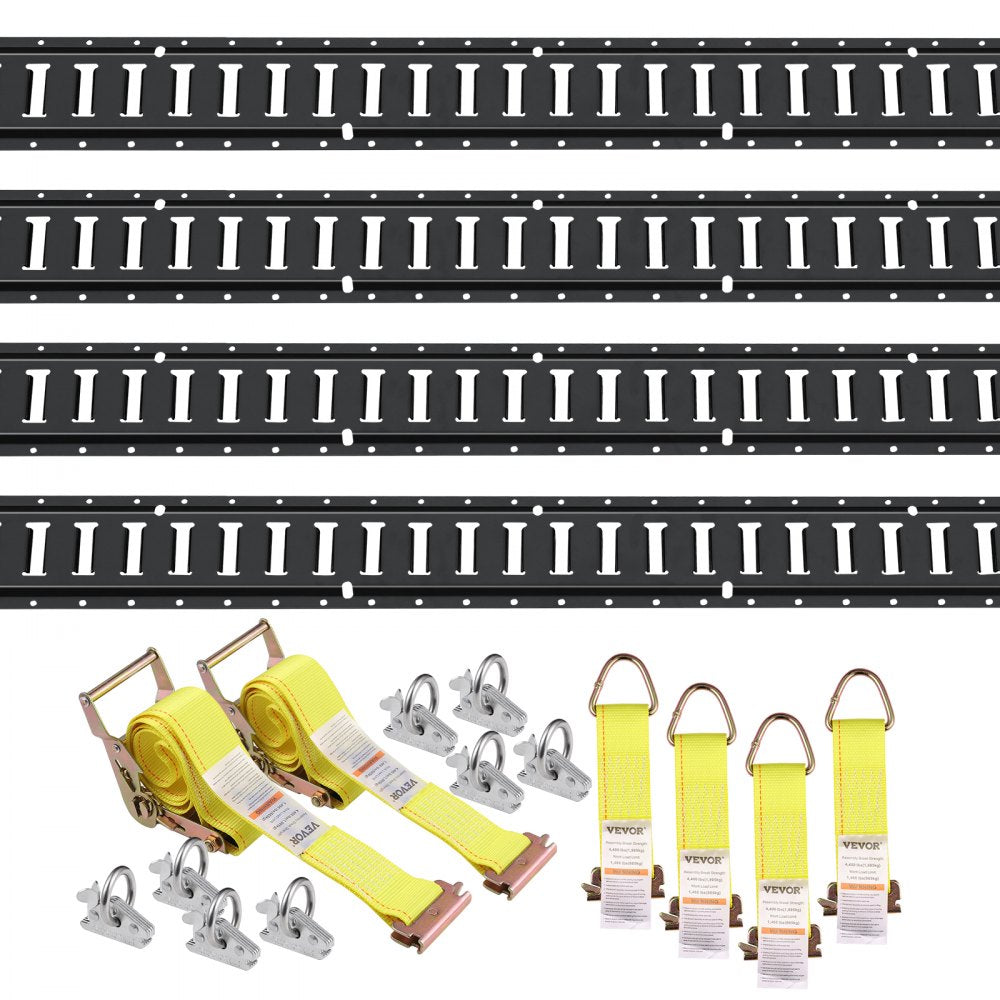 E Track Tie-Down Rail Kit, 18PCS 5` E-Tracks Set Includes 4 Steel Rails & 8 O-Ring Anchors & 4 Tie-Offs with D-Ring & 2 Ratchet Straps, Securing Accessories for Cargo Motorcycles Bikes, 2000 lbs