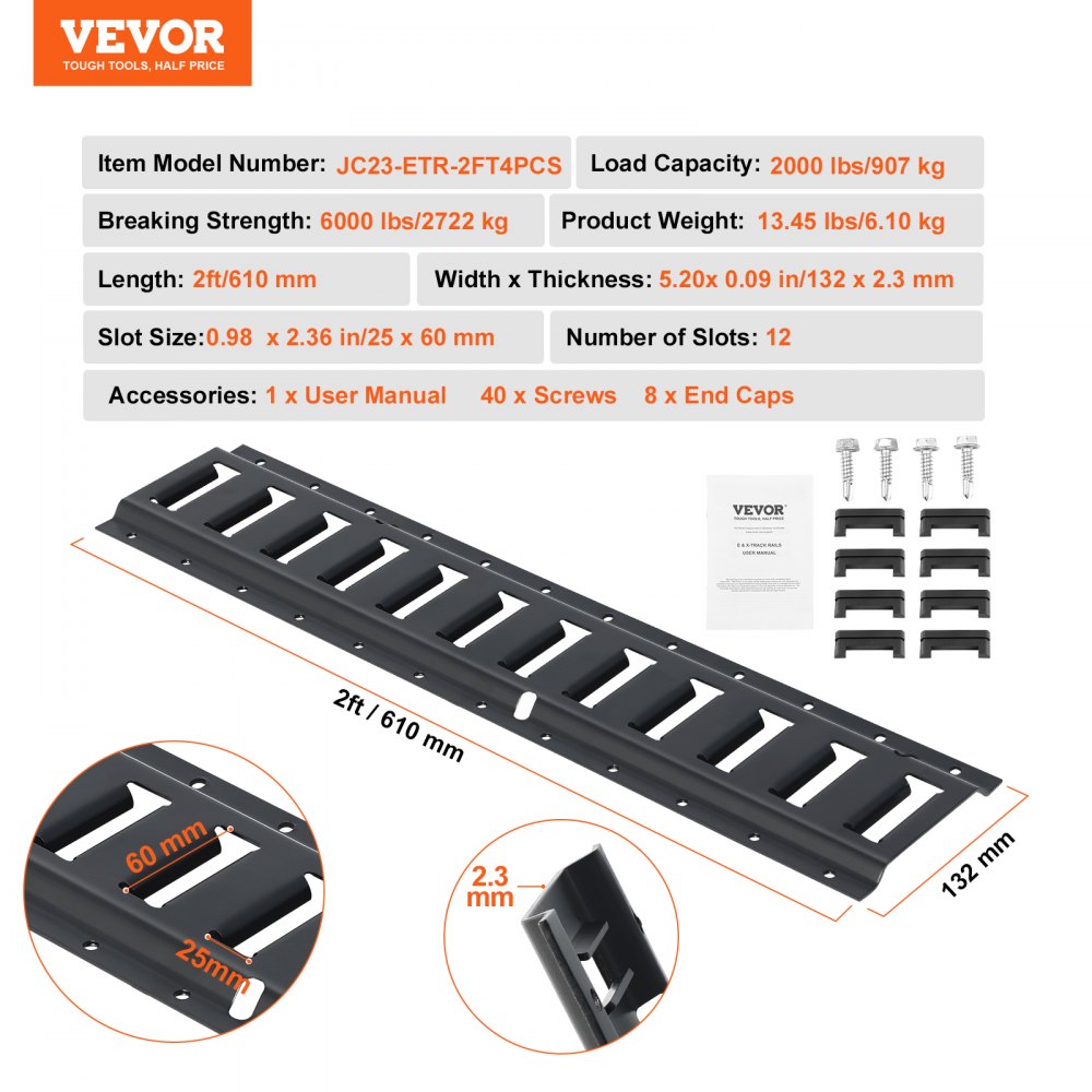 E Track Tie Down Rail Kit, 2` Steel Rails, 4 Pack, Secure Cargo & Heavy Loads Up to 2000 lbs, Heavy Duty Etrack Rails with Screws for Garages, Vans, Trailers, Motorcycle Tie Downs, ATV Mountings