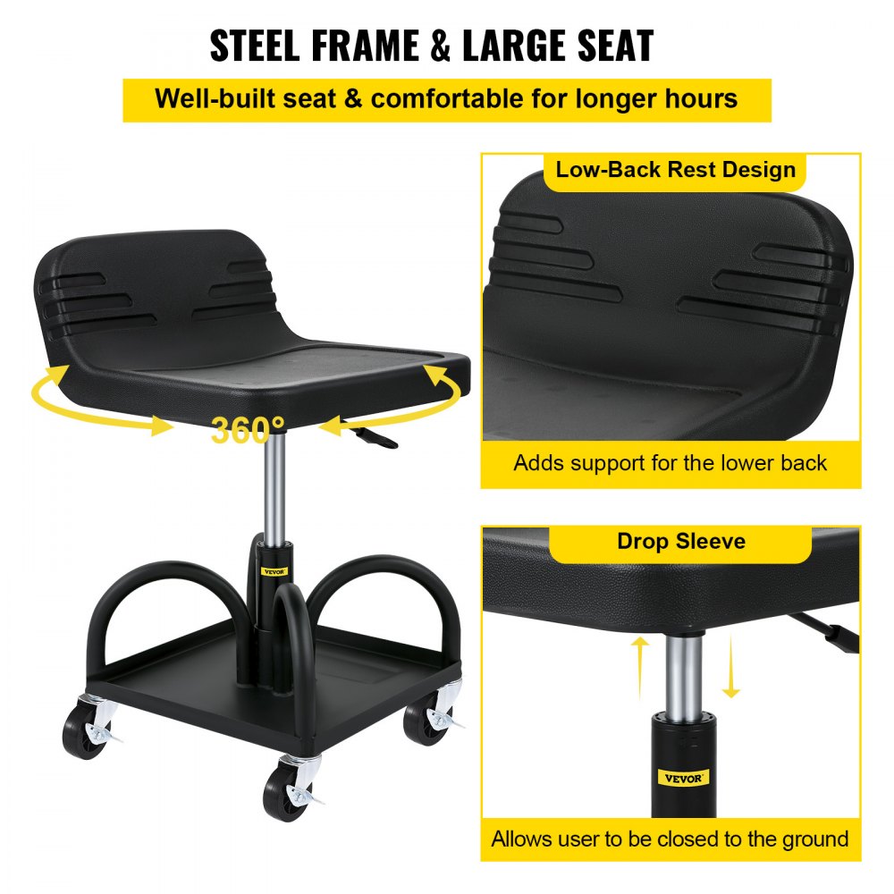 Rolling Garage Stool, 300LBS Capacity, Adjustable Height from 15.7 in to 20.5 in, Mechanic Seat with 360-degree Swivel Wheels and Tool Tray, for Workshop, Auto Repair Shop, Black