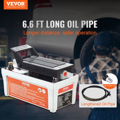 A white and black air hydraulic pump with a 6.6 ft oil pipe.