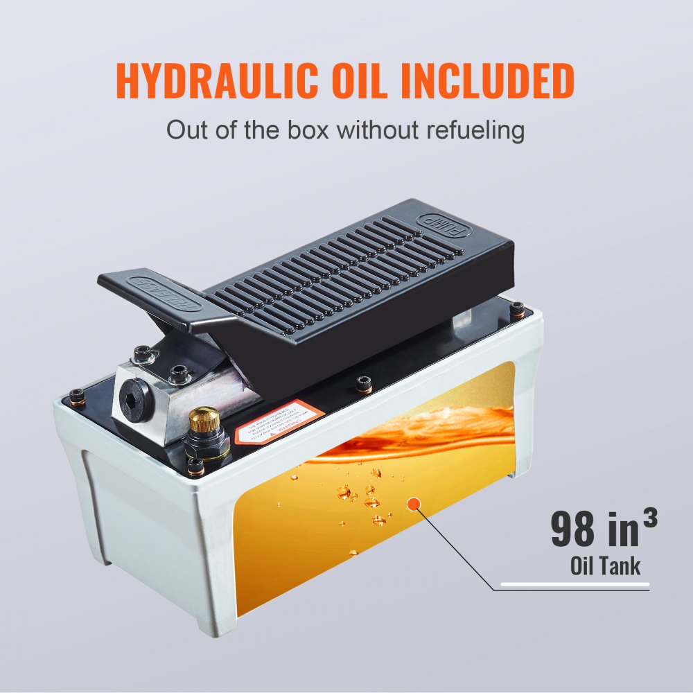 Foot actuated air hydraulic pump with 10,000 PSI, 1/2 gal reservoir, and non-slip base.