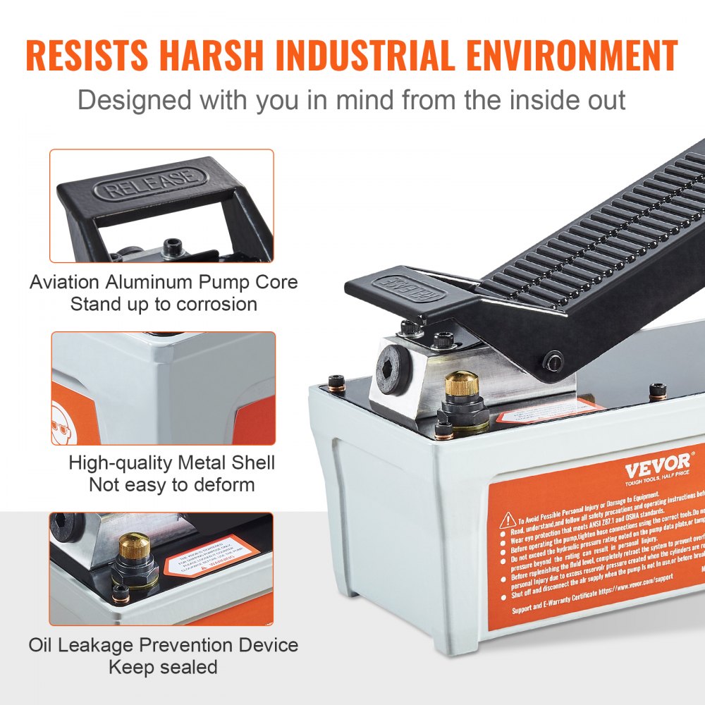 Bostome Air Hydraulic Pump with foot pedal, 10,000 PSI, and 1/2 gal reservoir in a compact design.