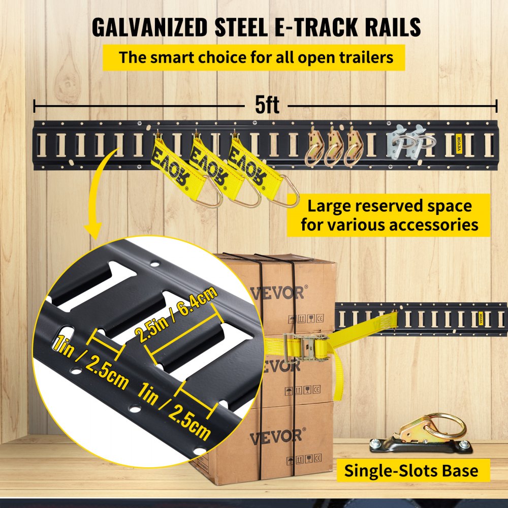 E Track Tie-Down Rail Kit, 18PCS 5FT E-Tracks Set Includes 4 Steel Rails & 2 Single Slot & 6 O Rings & 4 Tie-Offs w/D-Ring & 2 Ratchet Straps, Securing Accessories for Cargo Motorcycles Bikes