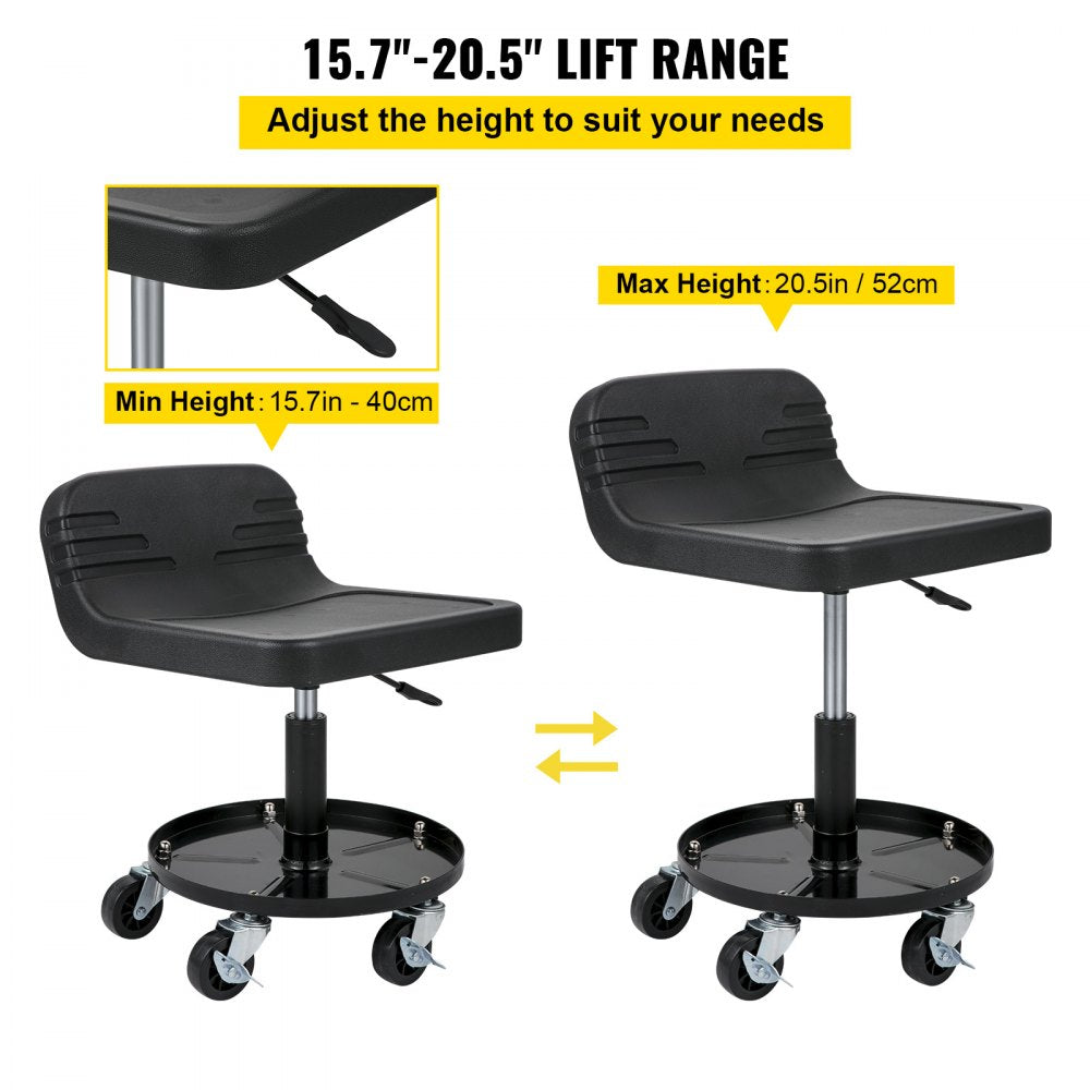 Rolling Garage Stool, 300LBS Capacity, Adjustable Height from 15.7 in to 20.5 in, Mechanic Seat with 360-degree Swivel Wheels and Tool Tray, for Workshop, Auto Repair Shop, Black