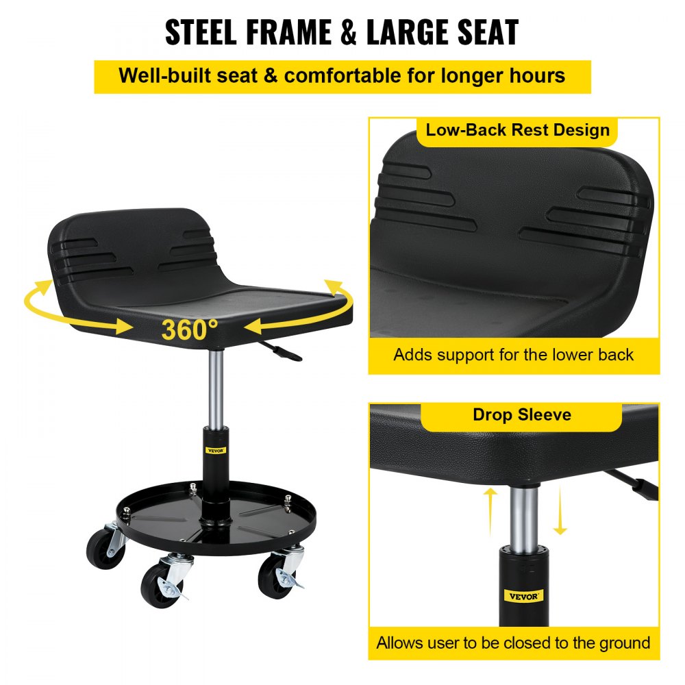 Rolling Garage Stool, 300LBS Capacity, Adjustable Height from 15.7 in to 20.5 in, Mechanic Seat with 360-degree Swivel Wheels and Tool Tray, for Workshop, Auto Repair Shop, Black