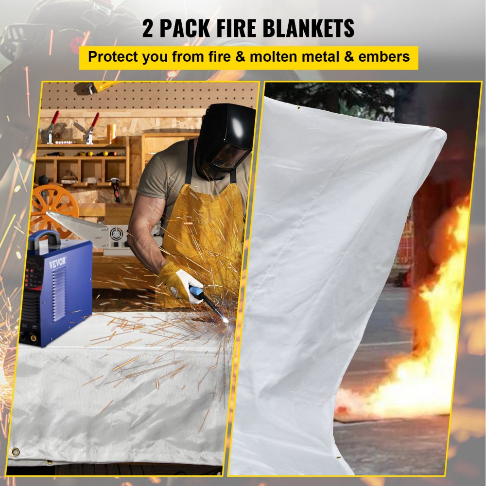 Fire Blankets, 2 Pack Welding Blankets, 8` x 10` Fire Suppression Blanket, 1022°F Flame Retardant Blanket, White Fire Emergency Blankets, Fiberglass Fire Retardant Blanket with 12 Brass Grommets