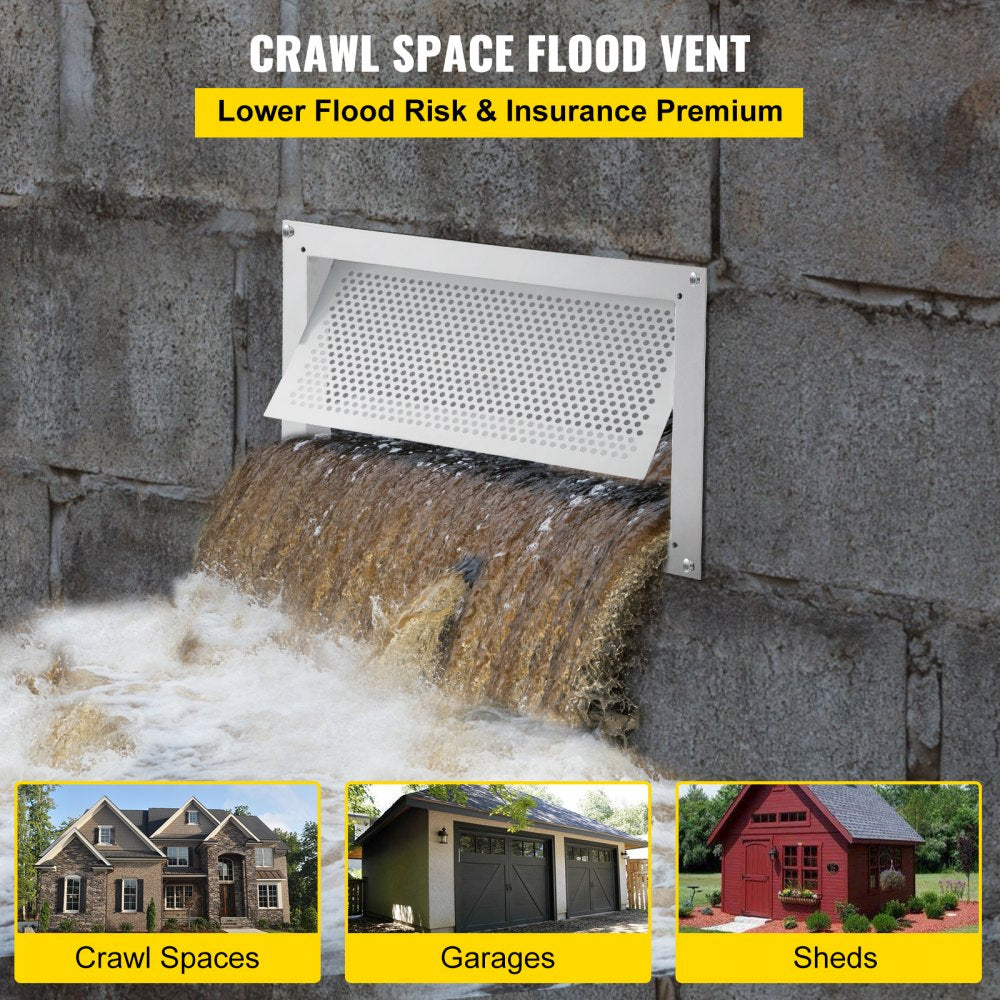 White 16x8 inch zinc-coated steel foundation flood vent installed on a wall with water flowing through.