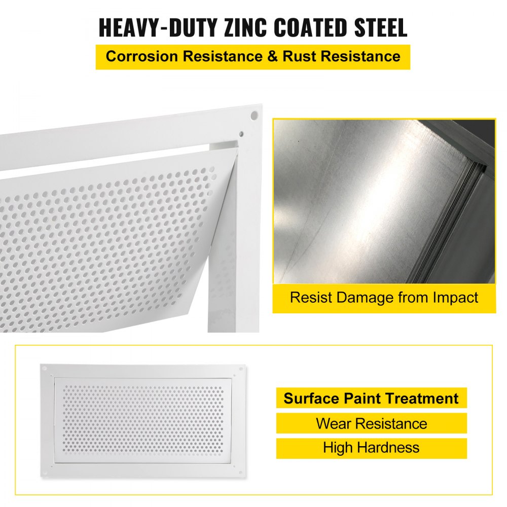 White zinc-coated steel foundation flood vent with perforated panel and impact-resistant surface.