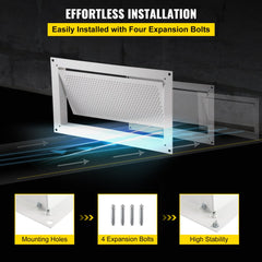 White 16x8 inch zinc-coated steel foundation flood vent with mesh grille and four expansion bolts for installation.