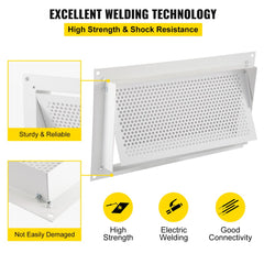 White zinc-coated steel foundation flood vent with perforated panel and mounting holes.