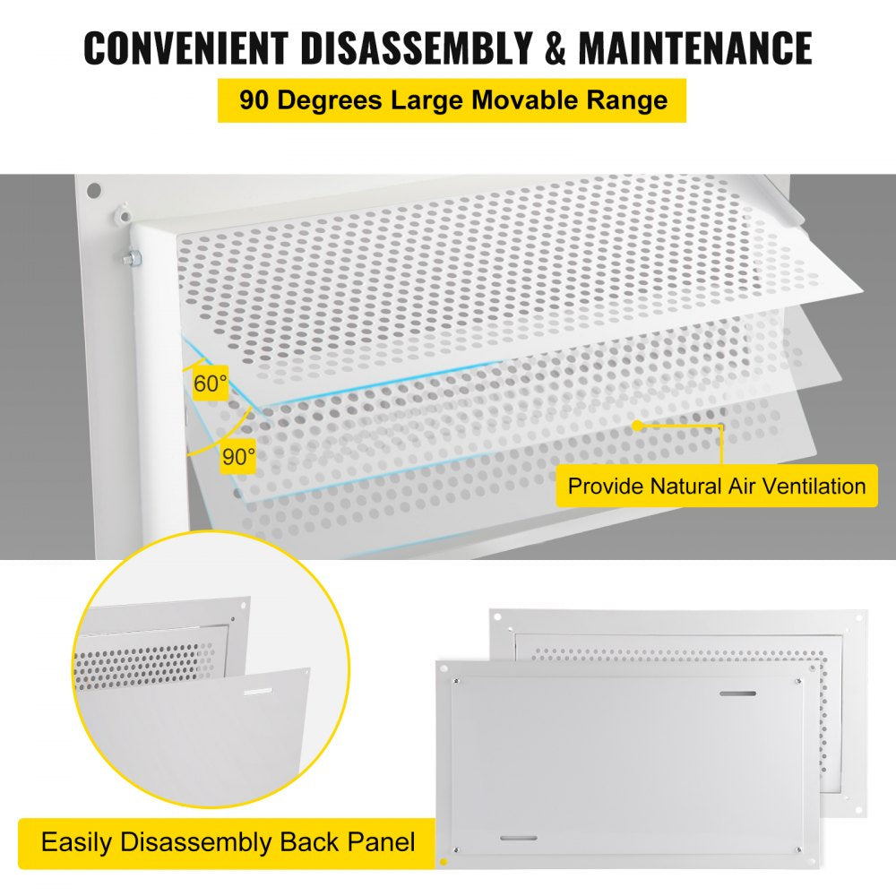 White 16x8 inch zinc-coated steel foundation flood vent with detachable back panel and 90-degree movable louvers.