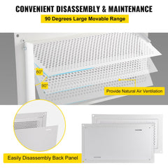 White 16x8 inch zinc-coated steel foundation flood vent with detachable back panel and 90-degree movable louvers.