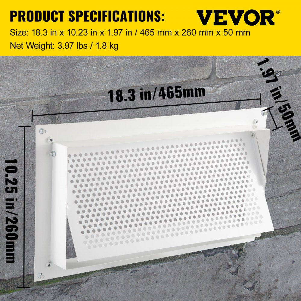 White 16x8 inch zinc-coated steel foundation flood vent with perforated mesh and mounting brackets.