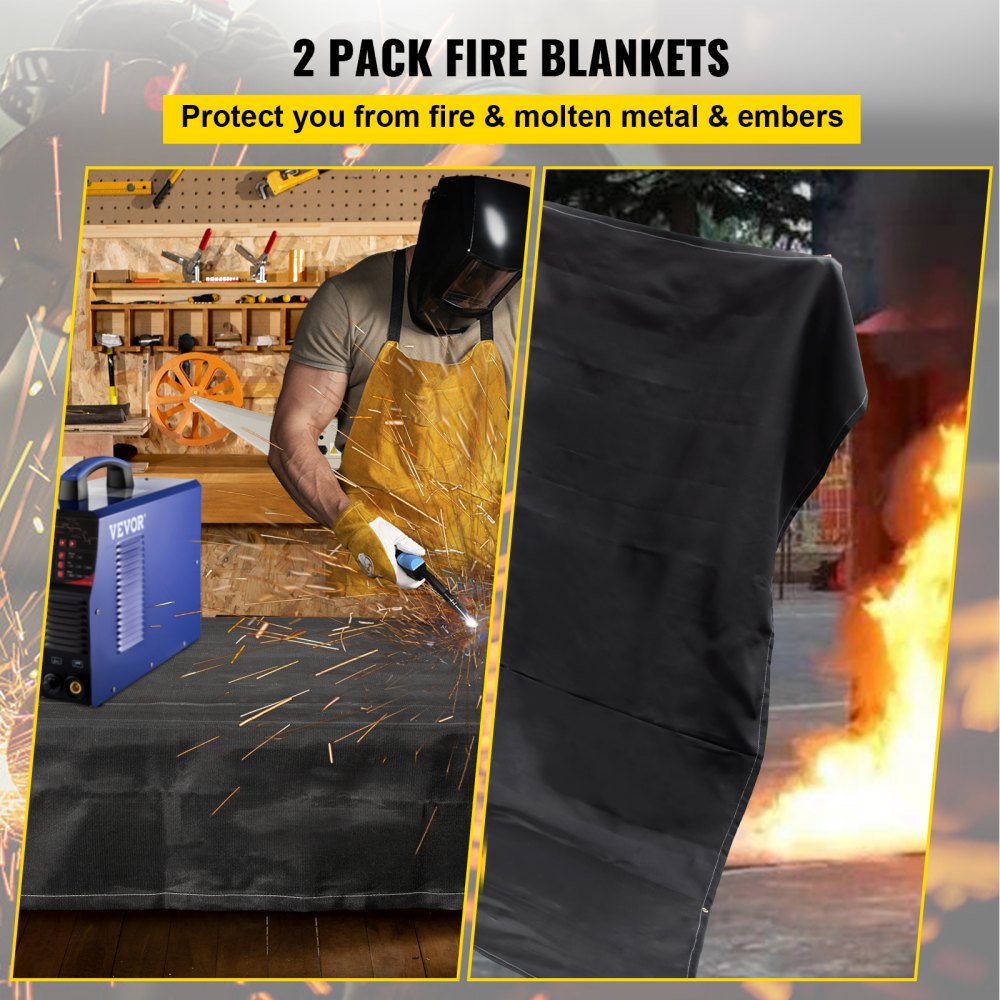 Fire Blankets, 2 Pack Welding Blankets, 6` x 10` Fire Suppression Blanket, 1022 °F Flame Retardant Blanket, Black Fire Emergency Blankets, Fiberglass Fire Retardant Blanket with 8 Brass Grommets