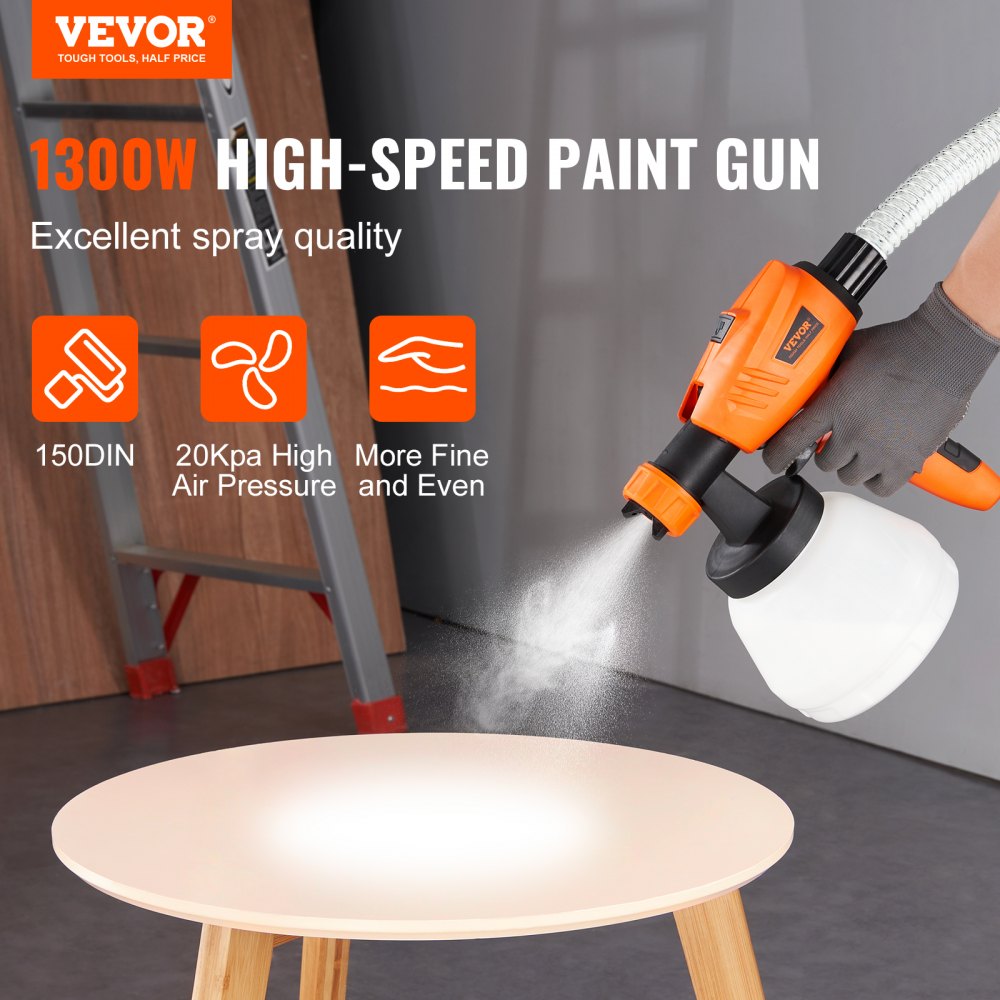 Paint Sprayer, 1300W Electric Spray Paint Gun with Air Hose, 1300ml and 800 ml Containers, 5 Copper Nozzles, 150 Din HVLP Spray Gun for House Painting Home Interior and Exterior Walls, Fence