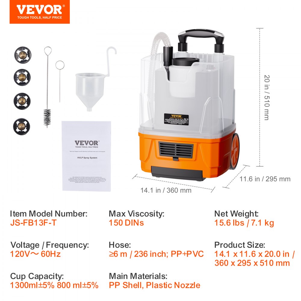 Paint Sprayer, 1300W Electric Spray Paint Gun with Air Hose, 1300ml and 800 ml Containers, 5 Copper Nozzles, 150 Din HVLP Spray Gun for House Painting Home Interior and Exterior Walls, Fence