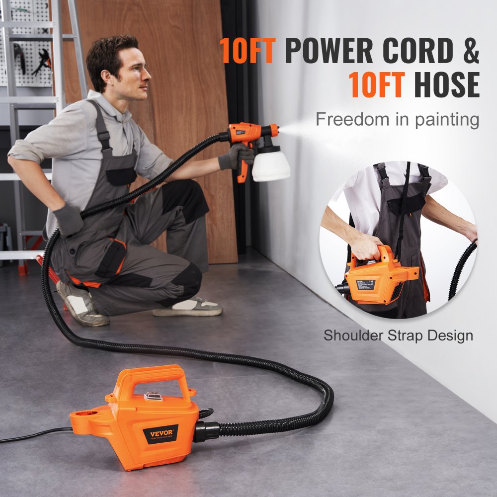 Paint Sprayer, 500W Electric Spray Paint Gun with 10FT Air Hose, 1300ml Container and 3 Spray Patterns, 4 Nozzles, HVLP Spray Gun for House Painting Home Interior & Exterior Walls, Fence