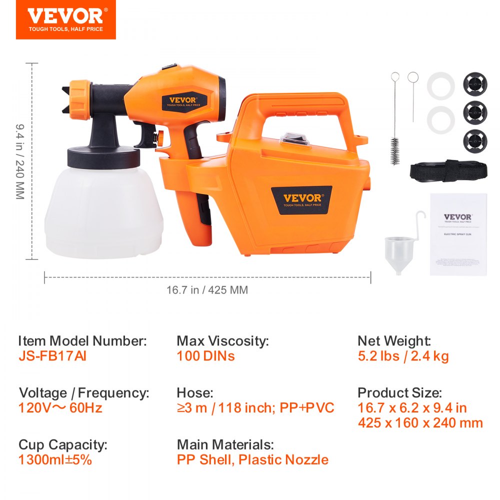 Paint Sprayer, 500W Electric Spray Paint Gun with 10FT Air Hose, 1300ml Container and 3 Spray Patterns, 4 Nozzles, HVLP Spray Gun for House Painting Home Interior & Exterior Walls, Fence
