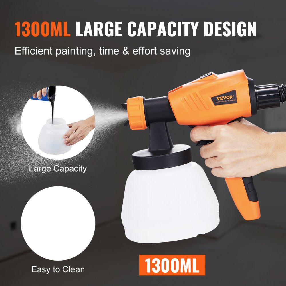 Paint Sprayer, 500W Electric Spray Paint Gun with 10FT Air Hose, 1300ml Container and 3 Spray Patterns, 4 Nozzles, HVLP Spray Gun for House Painting Home Interior & Exterior Walls, Fence