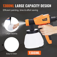 Paint Sprayer, 500W Electric Spray Paint Gun with 10FT Air Hose, 1300ml Container and 3 Spray Patterns, 4 Nozzles, HVLP Spray Gun for House Painting Home Interior & Exterior Walls, Fence