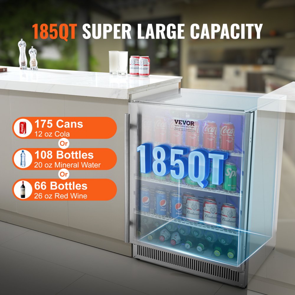24 inch Indoor/Outdoor Beverage Refrigerator, 185QT Undercounter or Freestanding Beverage Fridge, 175 Cans Built-in Beer Fridge with Stainless Steel Body for Residential Home Bar Commercial Use