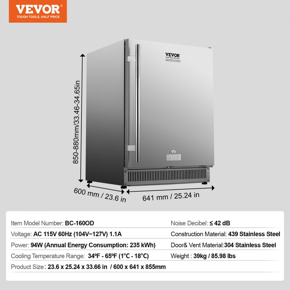 24 inch Indoor/Outdoor Beverage Refrigerator, 185QT Undercounter or Freestanding Beverage Fridge, 175 Cans Built-in Beer Fridge with Stainless Steel Body for Residential Home Bar Commercial Use