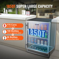 24 inch Indoor/Outdoor Beverage Refrigerator, 185QT Undercounter or Freestanding Beverage Fridge, 175 Cans Built-in Beer Fridge with Metal Plate Body for Residential Home Bar Commercial Use